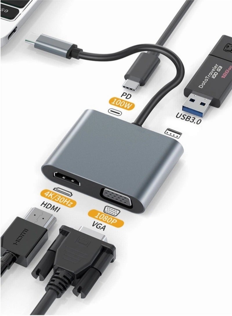 محول موزع USB C 4 في 1 USB C Hub USB VGA من النوع C مع 4K HDMI و1080P VGA وUSB 3.0 وPD 3.0، لـ Nintendo Switch وMacBook MacBook/MacBook Pro/Galaxy Note 9/S9/S8/Huawei P20 وأجهزة USB C الأخرى  - Image 2