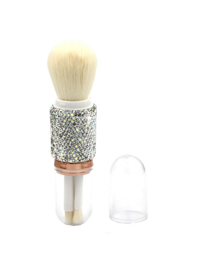 Bestbling Bling Bling Rhinestones Mini Makeup Brush Set For Eyes And Face 4 In 1 Portable Makeup Brush Set With Extendable Handle (Silver) - Image 1