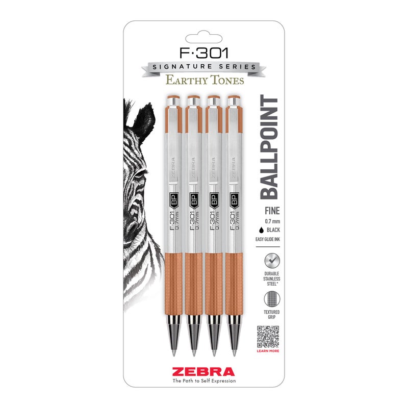 Zebra Pen F-301 Signature Series Retractable Ballpoint Pen, 0.7mm, Black Easy-Glide Ink, Stainless-Steel Barrel, Terracotta Earth Tone Accents, Best for Office, Journal and Planner Use, 4-Pack (27294) - Image 1