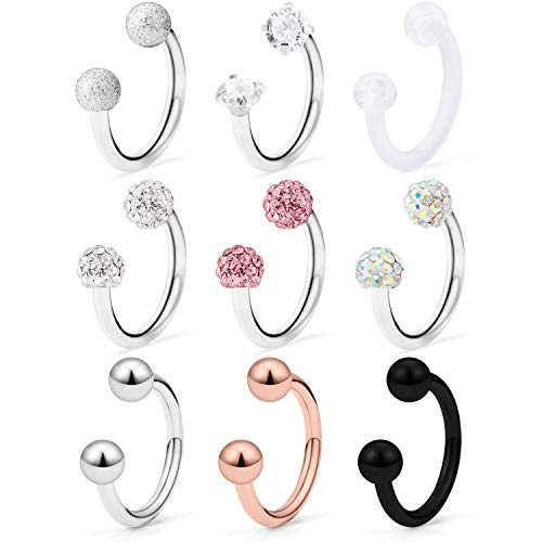 Hoeudjo 9PCS 16G Surgical Steel Lip Hoop Ring Crystal Cubic Horseshoe Barbell Tragus Cartilage Earring Helix Daith Septum Hoop Piercing Body Piercing Jewelry Retainer for Women Men 10mm Silver-Tone - Image 1