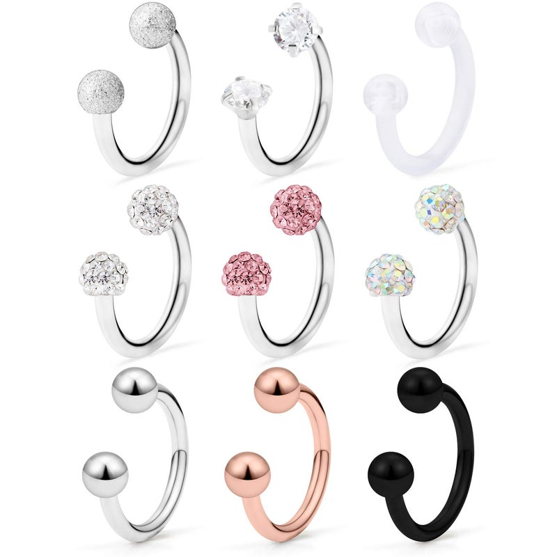 Hoeudjo 9PCS 16G Surgical Steel Lip Hoop Ring Crystal Cubic Horseshoe Barbell Tragus Cartilage Earring Helix Daith Septum Hoop Piercing Body Piercing Jewelry Retainer for Women Men 10mm Silver-Tone - Image 5