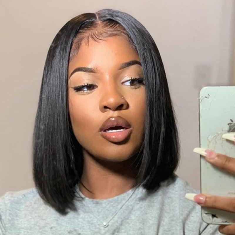 ISEE Hair Glueless Wear and Go Wigs for Beginners Lace Front for Black Women Human Hair Short Straight Bob Human Hair Wigs Lace Pre Cut 14 Inch - Image 1