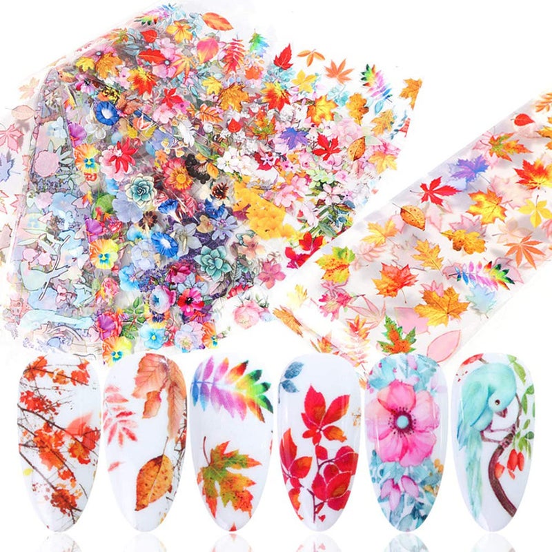 Fall Nail Art Stickers Art Decals Flowers Maple Leaf Design Supplies Foil Transfer Sticker Acrylic Nails Supply Starry Sky Manicure Tips Charms Fingernails Decoration 10 Sheets