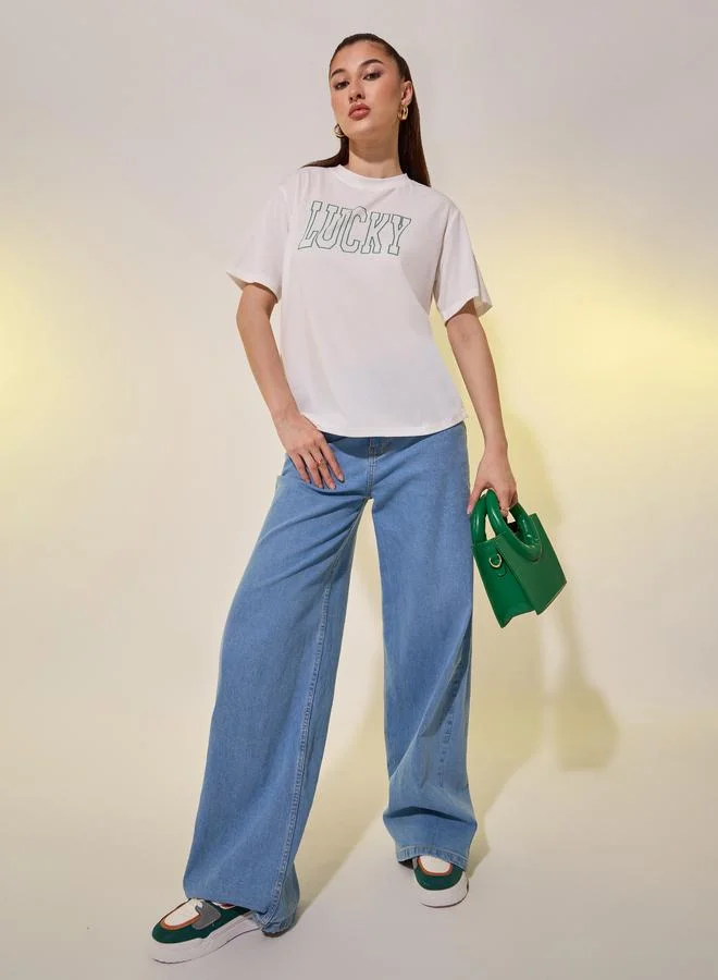 Take Two Women White Text Print Short Sleeve Regular Fit T-Shirt