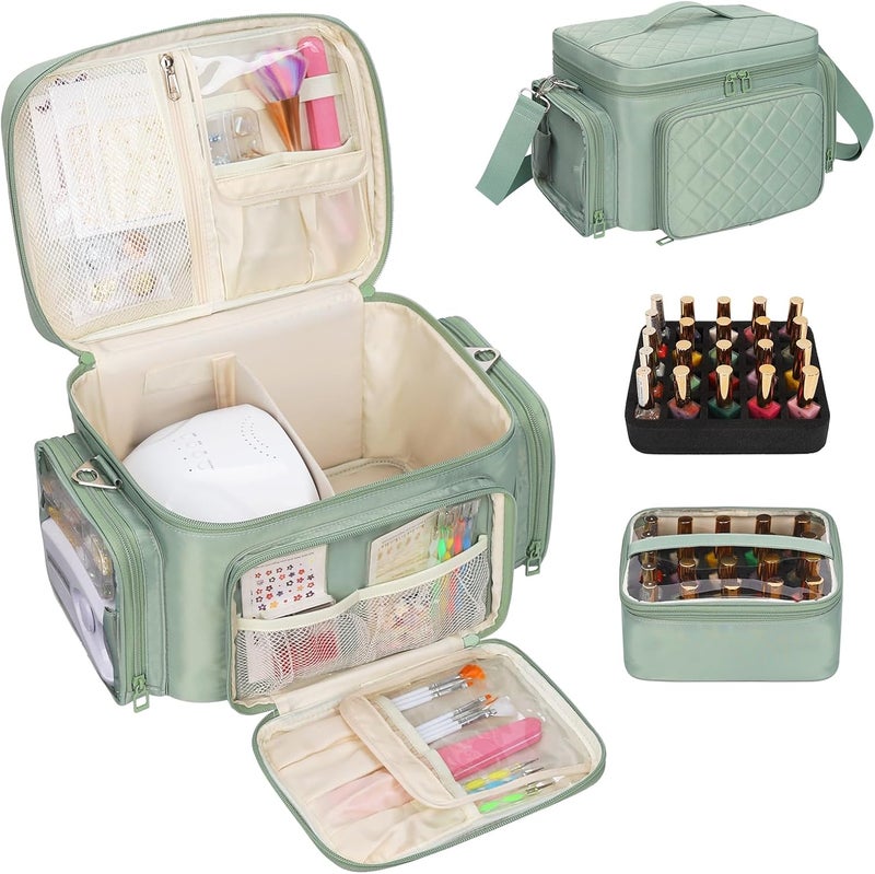 Bagmoly Nail Polish Organizer, Nail Polish Storage Holds 42+ Bottles & Nail Lamp, Portable Travel Nail Kit Storage Carrying Case Fits Nail Suppiles, Gift for Manicurist, Grils - Green - Image 1