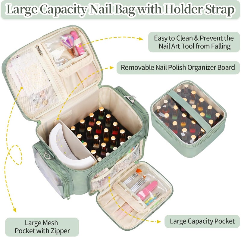Bagmoly Nail Polish Organizer, Nail Polish Storage Holds 42+ Bottles & Nail Lamp, Portable Travel Nail Kit Storage Carrying Case Fits Nail Suppiles, Gift for Manicurist, Grils - Green - Image 2