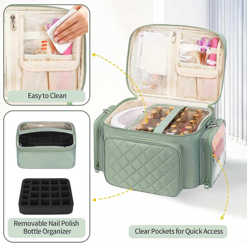 Bagmoly Nail Polish Organizer, Nail Polish Storage Holds 42+ Bottles & Nail Lamp, Portable Travel Nail Kit Storage Carrying Case Fits Nail Suppiles, Gift for Manicurist, Grils - Green - Image 3