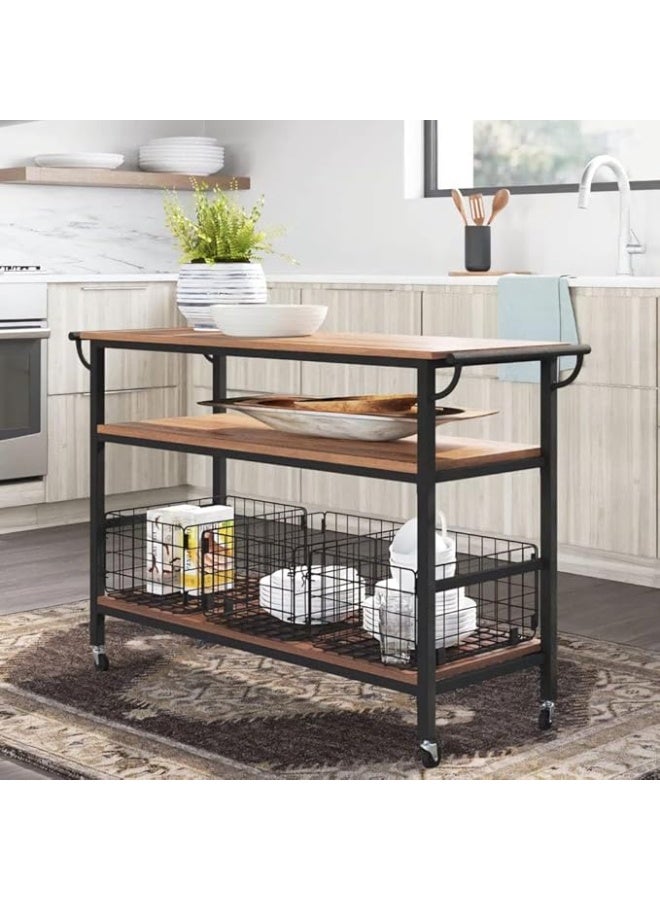 IRONWOOD Serving Trolley with 3 Shelves Swedish Wood and Black Steel Structure - 90x40x85cm