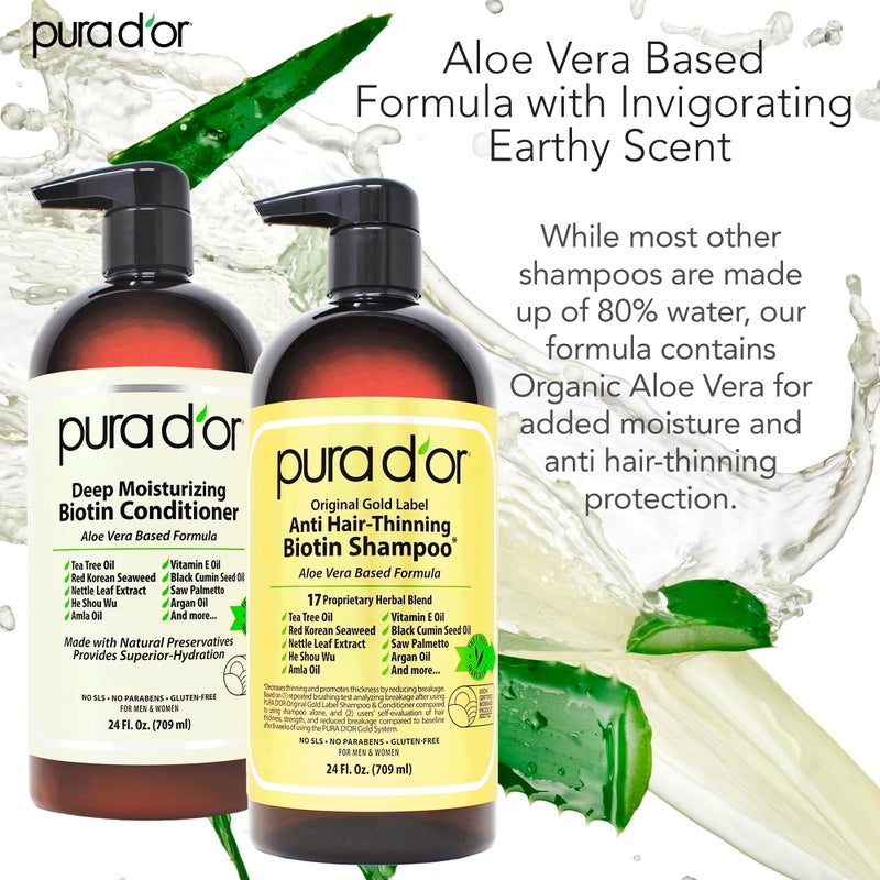 PURA D'OR Anti-Thinning Biotin Shampoo & Deep Moisturizing Conditioner Original Gold Label Set (24oz x2) Natural Earthy Scent, CLINICALLY TESTED Effective Results, Hair Thickening Product, Women & Men - Image 4