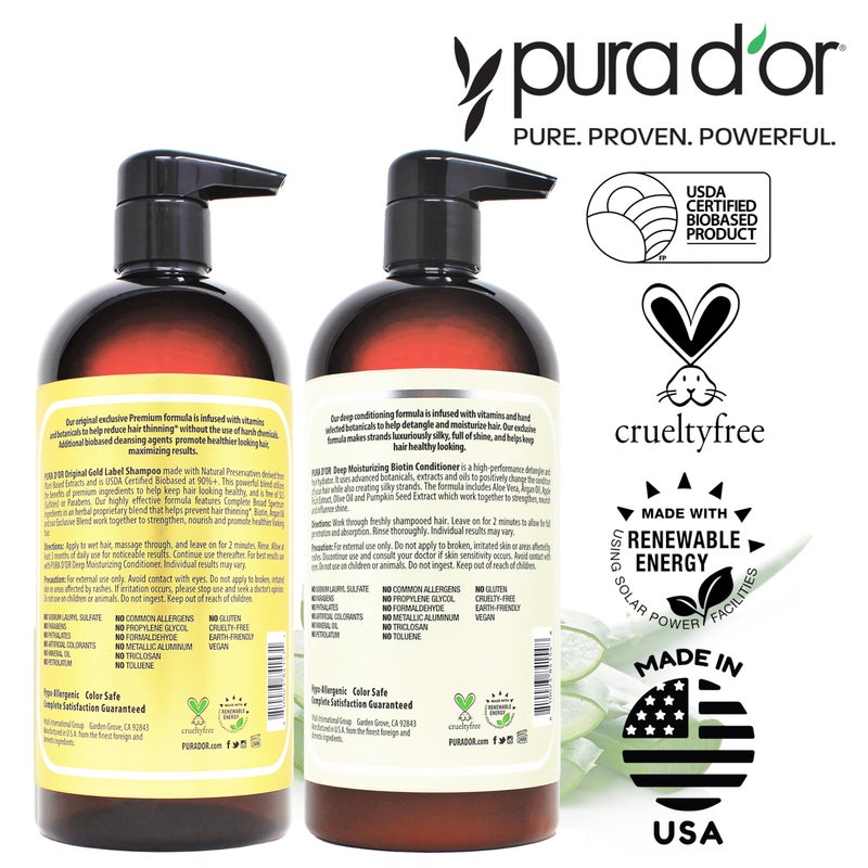 PURA D'OR Anti-Thinning Biotin Shampoo & Deep Moisturizing Conditioner Original Gold Label Set (24oz x2) Natural Earthy Scent, CLINICALLY TESTED Effective Results, Hair Thickening Product, Women & Men - Image 5