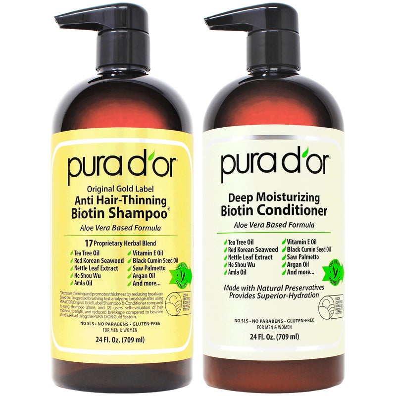 PURA D'OR Anti-Thinning Biotin Shampoo & Deep Moisturizing Conditioner Original Gold Label Set (24oz x2) Natural Earthy Scent, CLINICALLY TESTED Effective Results, Hair Thickening Product, Women & Men - Image 1