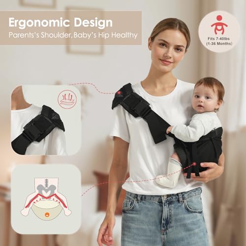Shiaon Baby Sling Carrier Newborn to Toddler, Adjustable Toddler Carrier Sling Baby Carrier Toddlers Sling Carriers Hip Carriers for 7-40lbs, Black Mesh - Image 3