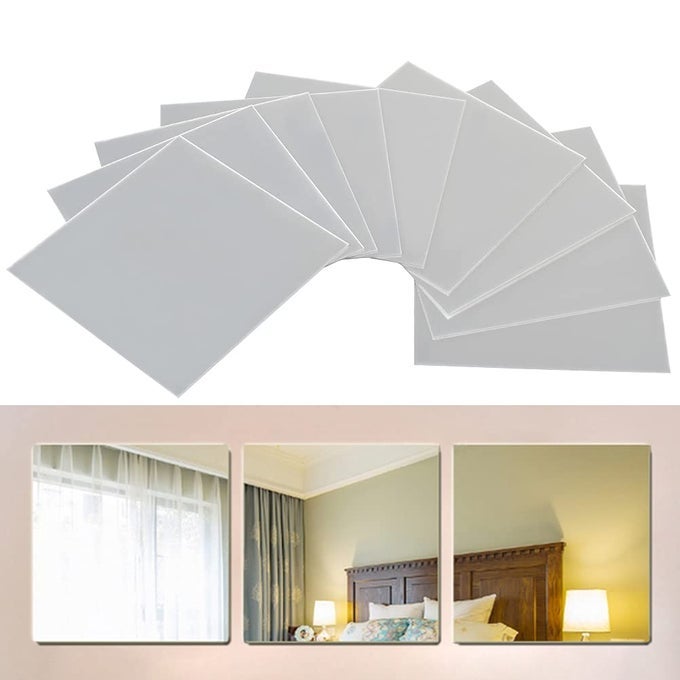 9 PCS MIRROR SHEETS SELF ADHESIVE NON GLASS MIRROR TILES WALL STICKY MIRROR FOR HOME DECORATION 59X59X004INCH