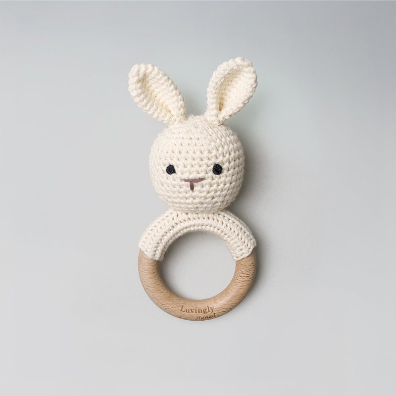 Lovingly Signed Bunny Rattle Teether - Cream - Image 1
