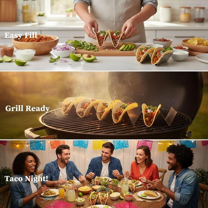 Stainless Steel Taco Stand 6 Pcs Set, 2-Compartment, 5.4 X 3.9 X 1.8 in, 0.5Mm Thick, with Handles, Corn Shell Holders for Serving, Grilling, Party - Image 4
