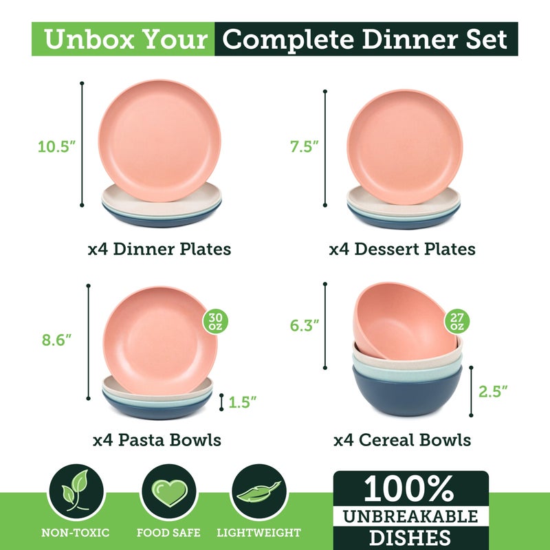 Grow Forward 16-piece Premium Wheat Straw Dinnerware Sets for 4 - Unbreakable Dishwasher & Microwave Safe Plastic Plates and Bowls Sets - Patio, Outdoors, RV, Camping Dishes - Tropical - Image 3