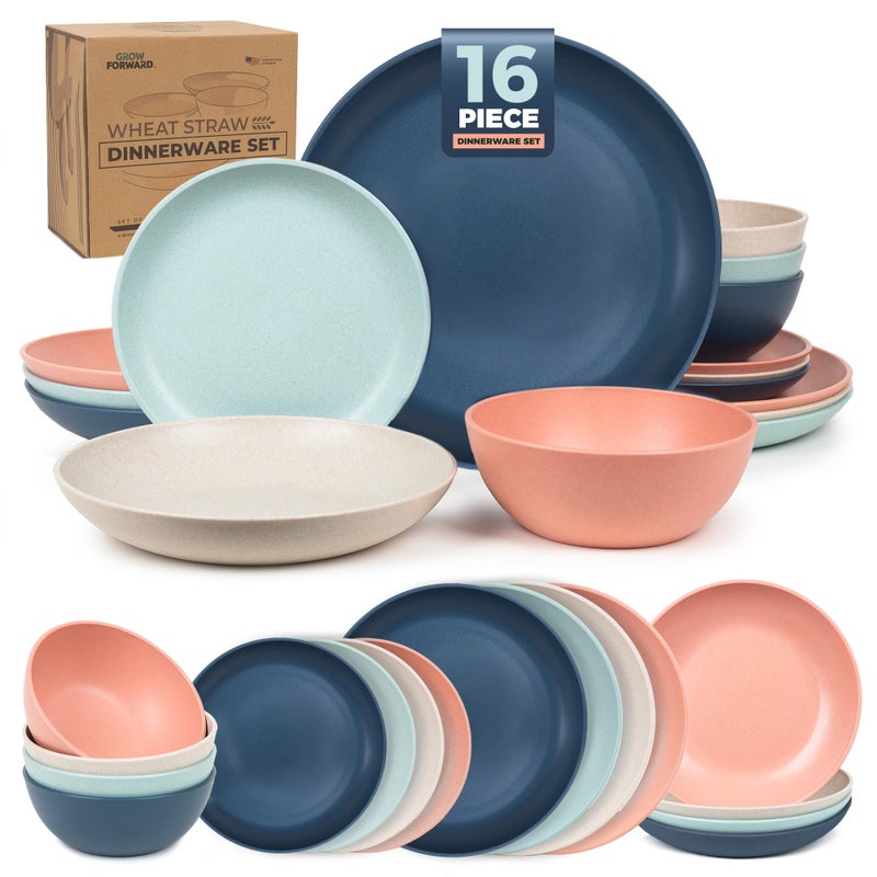 Grow Forward 16-piece Premium Wheat Straw Dinnerware Sets for 4 - Unbreakable Dishwasher & Microwave Safe Plastic Plates and Bowls Sets - Patio, Outdoors, RV, Camping Dishes - Tropical - Image 1