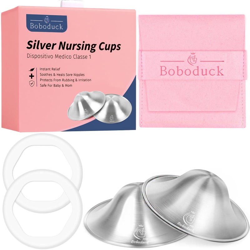 Boboduck The Original Silver Nursing Cups - 999 Silver Nipple Covers Breastfeeding - Protect and Soothe Sore Nipples - Breastfeeding Essentials Silver Nipple Guards with Soft Silicone Ring (Regular) - Image 1