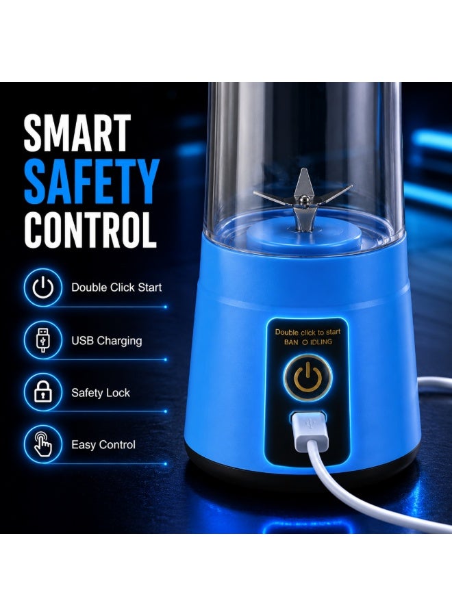 خلاط محمول قابل لإعادة الشحن عبر منفذ USB، كوب عصارة، سعة 380 مل، 4 شفرات، زجاجة لصنع العصائر، لون أزرق - Image 4