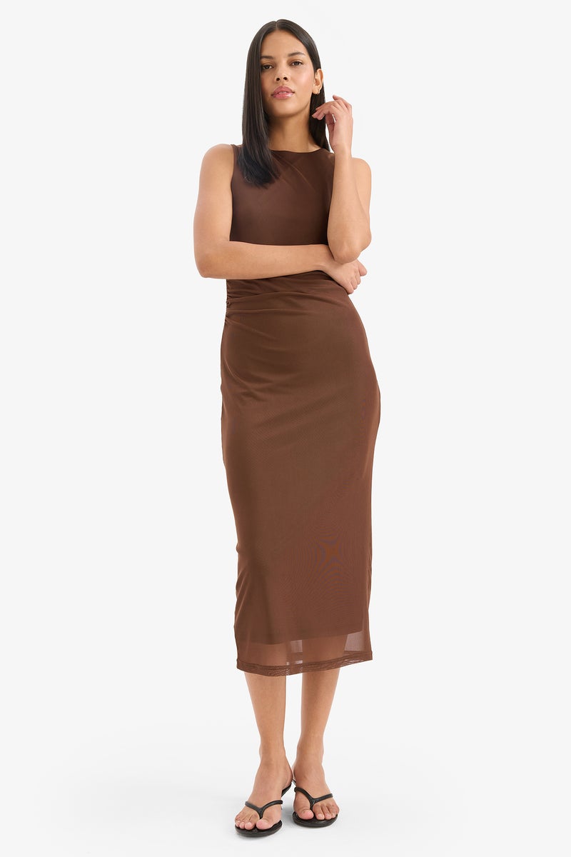 DeFacto Brown Woman Bodycon Round Collar Tulle Sleeveless Midi Dress Casual - Image 4