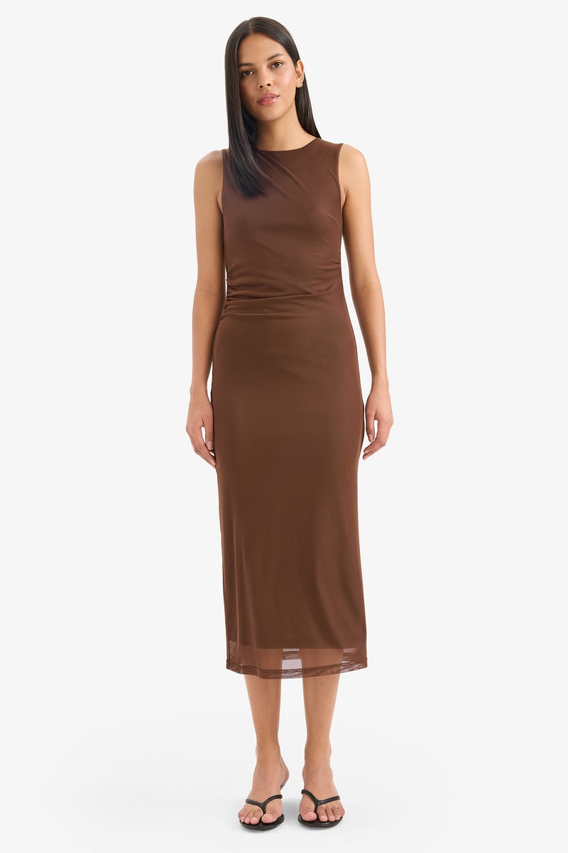 DeFacto Brown Woman Bodycon Round Collar Tulle Sleeveless Midi Dress Casual - Image 1