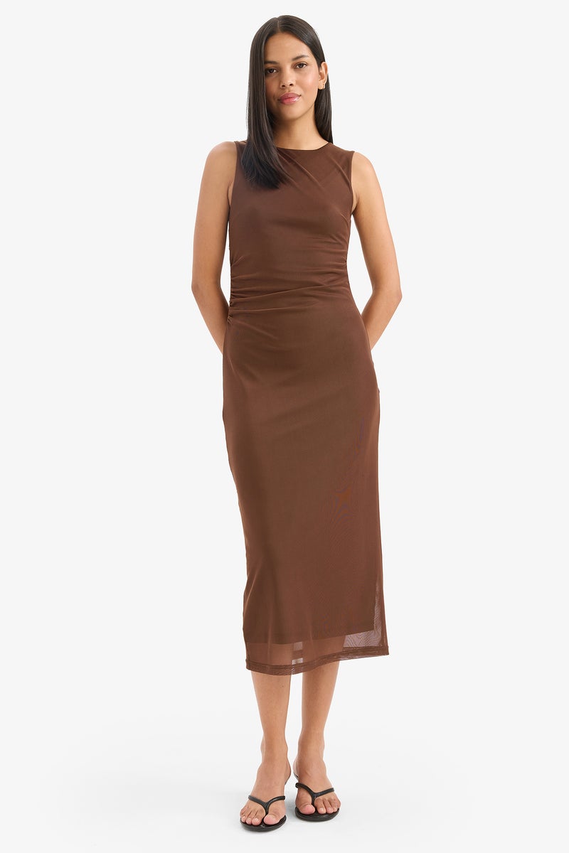 DeFacto Brown Woman Bodycon Round Collar Tulle Sleeveless Midi Dress Casual - Image 2