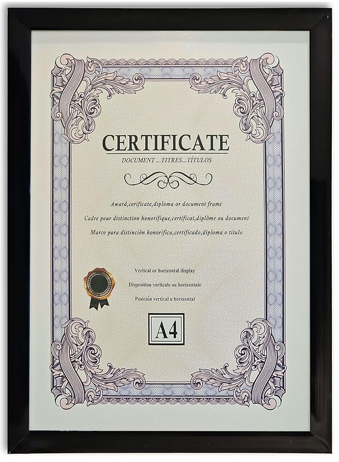 إيروريكس إطار صورة A4 إطار أنيق لشهادة الوثيقة للعرض على الحائط أو الطاولة 1 أسود - Image 1