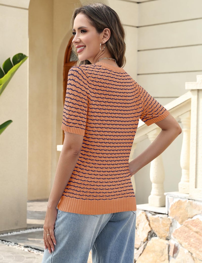 Kistore Spring Tops for Women Business Casual Short Sleeve Pullover Sweaters Loose Fit Teacher Outfits Basic Round Neck Stripe Tees L Orange Purple - Image 3