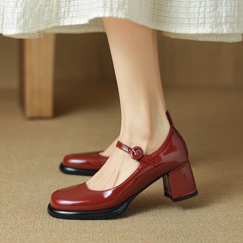 2024 Spring Fashion High Heeled Paint 33-43 Classic Round Head Buckle Shallow Mouth Single Shoes - Image 2