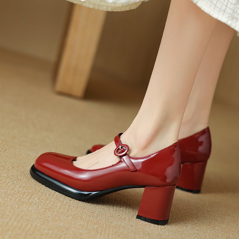 2024 Spring Fashion High Heeled Paint 33-43 Classic Round Head Buckle Shallow Mouth Single Shoes - Image 3