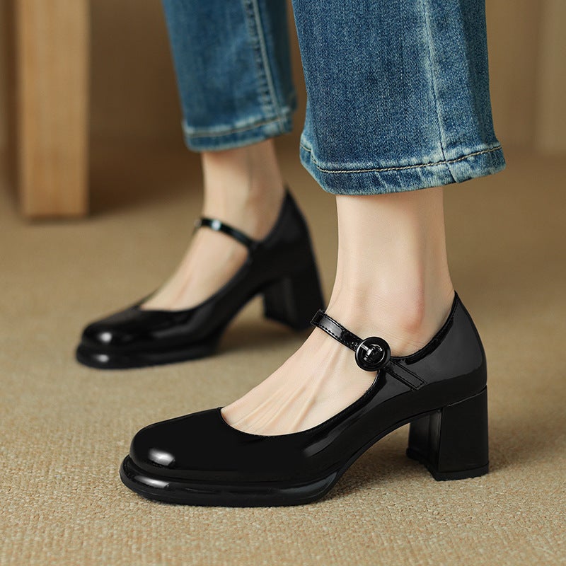 2024 Spring Fashion High Heeled Paint 33-43 Classic Round Head Buckle Shallow Mouth Single Shoes - Image 4