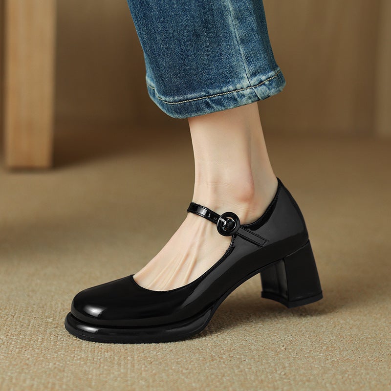 2024 Spring Fashion High Heeled Paint 33-43 Classic Round Head Buckle Shallow Mouth Single Shoes - Image 5