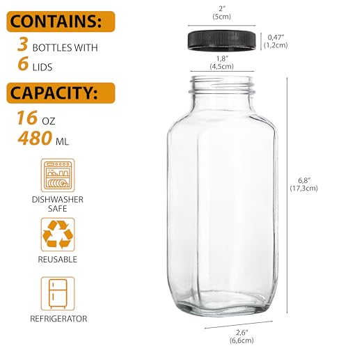 umud Juice Bottles with Lids, 16 Oz - Set of 3 - Clear Glass Jars with Caps - Reusable Empty Drink Containers for Juicing, Smoothies, Water, Milk, Kombucha Storage, Wellness Shots and More (3) - Image 2