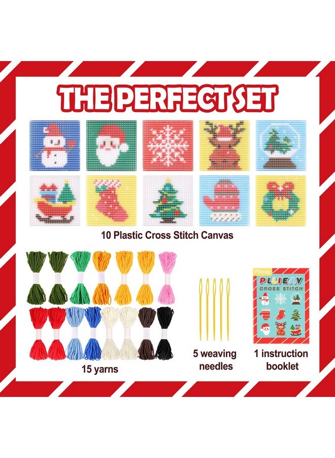 بليلي مجموعة تطريز الصليب 10 في 1 للمبتدئين من كريسماس للأطفال، تتضمن تعليمات 10 أنماط مختلفة، 10 لوحات قماشية بلاستيكية مطبوعة للتطريز، مجموعة خياطة تطريز بالإبرة للمبتدئين - Image 2