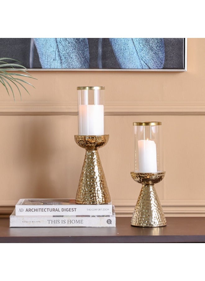 DANUBE HOME Danube Home Inaaya Conicle Ceramic Candle Holder - 10.5X10.5X29Cm Elegant Home Decor Accessory Titanium Gold With White Finish Unique Stoneware/Glass Design Candle Stand For Warm Ambience  - Image 1