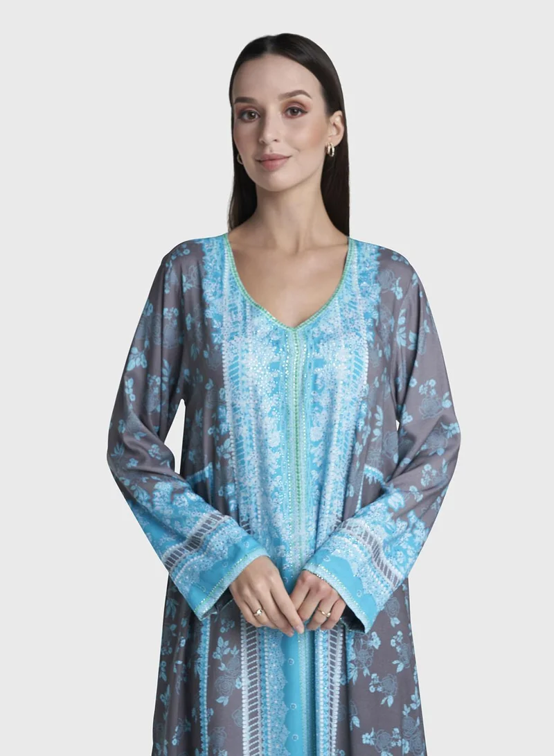 Kashkha Dark Grey Colour Stone Work Rayon Floral Printed Jalabiya (VDC180)