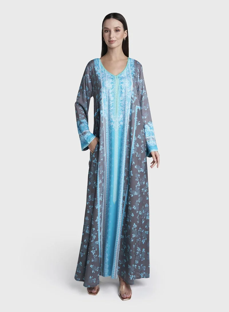 Kashkha Dark Grey Colour Stone Work Rayon Floral Printed Jalabiya (VDC180)