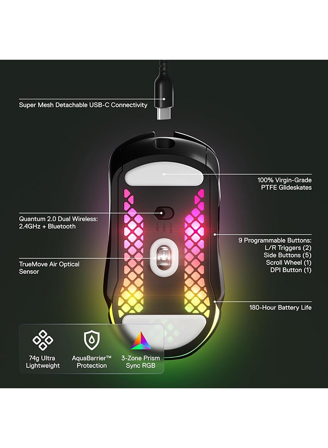 SteelSeries Aerox 5 Wireless Mouse, 40G Acceleration, 18000 in 100 CPI Increments, Ultra Lightweight, 3 RGB Zones, IP54 Switches with Over 80M Click, Bluetooth 5.0, 180H Battery Life, Black | 62406 - Image 3