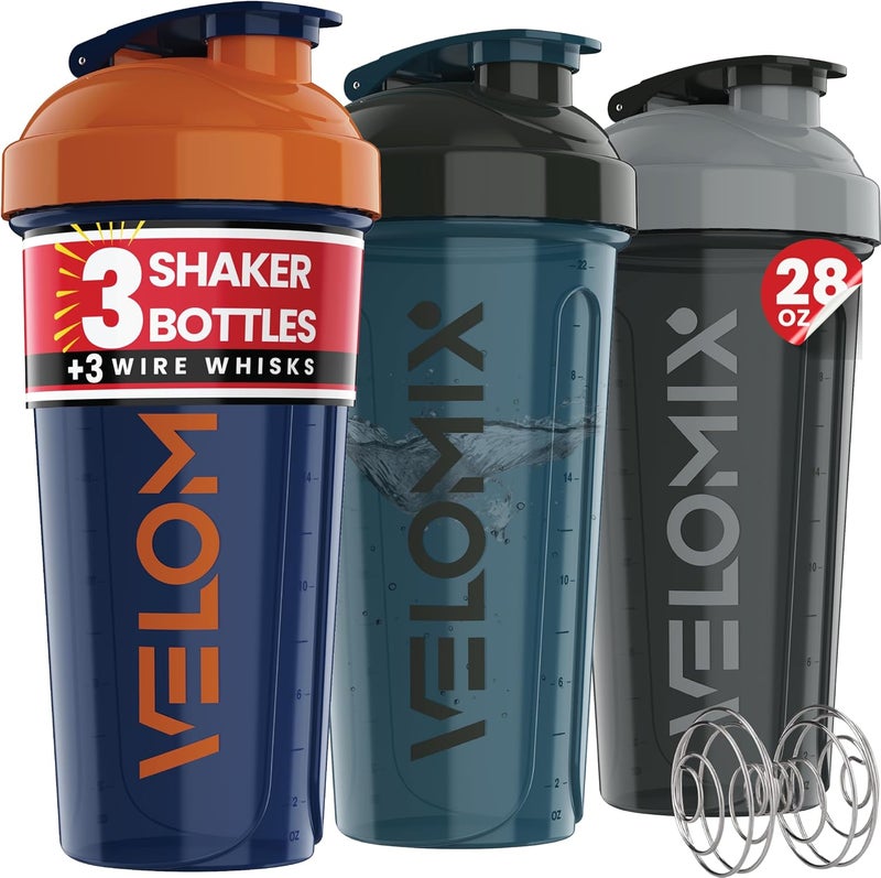 VELOMIX -3 PACK- 28 oz Protein Shaker Bottle for Protein Mixes - 3x Wire Whisk | Leak Proof Shaker Cups for Protein Shakes | Stackable Protein Shaker Bottle Pack | Dishwasher Safe (ColorBurst Set) - Image 1