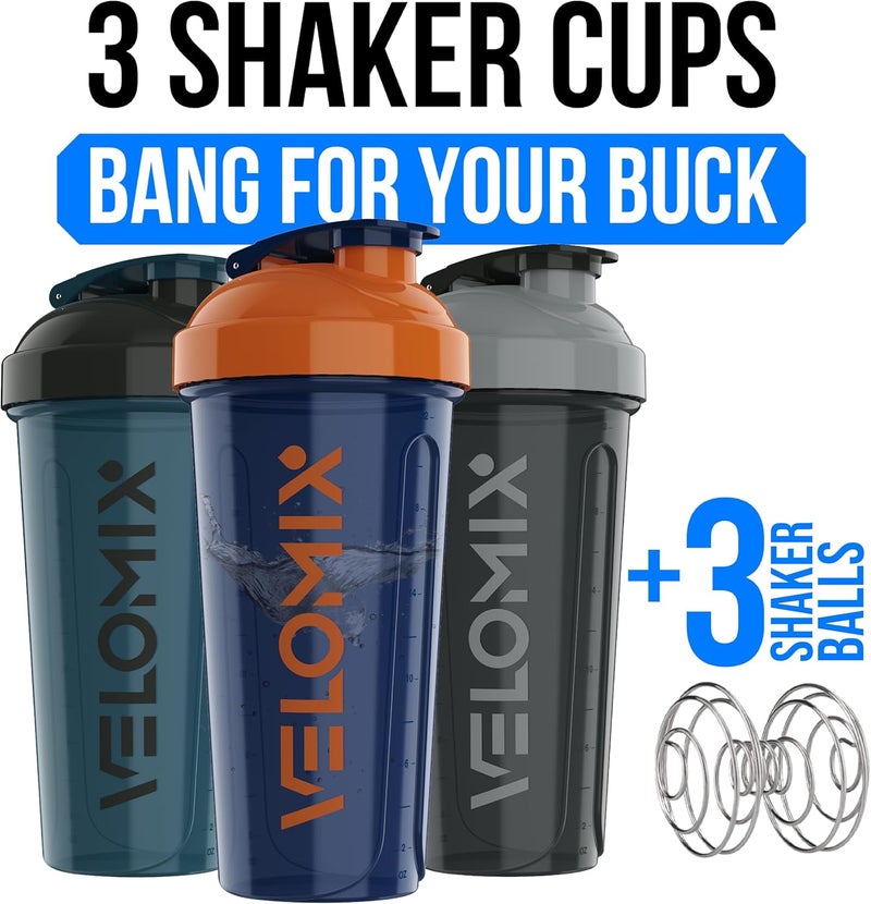 VELOMIX -3 PACK- 28 oz Protein Shaker Bottle for Protein Mixes - 3x Wire Whisk | Leak Proof Shaker Cups for Protein Shakes | Stackable Protein Shaker Bottle Pack | Dishwasher Safe (ColorBurst Set) - Image 2