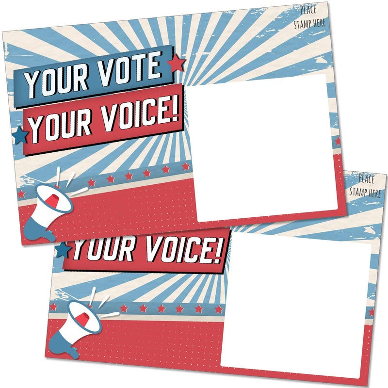 T MARIE 100 Bulk Voter Postcards 4x6â€ - Your Vote Your Voice, Red, White and Blue Theme With Blank Back for Message to Voters - Encourage Voting In Your State - Image 1