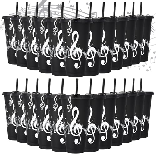 Skylety 24 Sets Music Themed Gifts Musical Tumbler Cups Bulk 24 oz Reusable Musical Note Plastic Tumbler with Straw and Lid Keychain Gifts for Music Lover Party Favor Black Color - Image 1