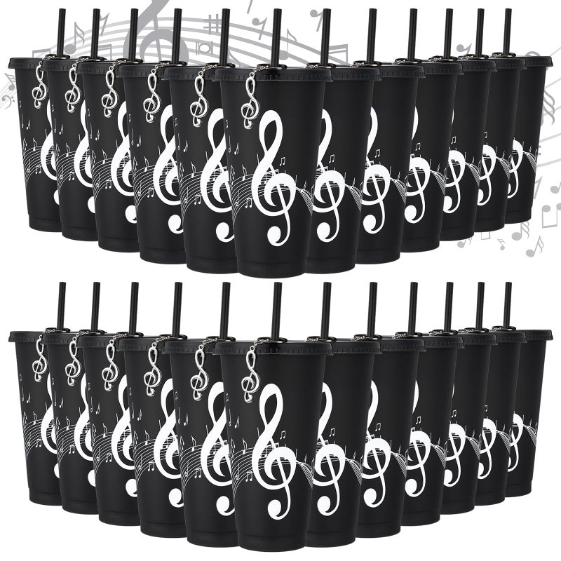 Skylety 24 Sets Music Themed Gifts Musical Tumbler Cups Bulk 24 oz Reusable Musical Note Plastic Tumbler with Straw and Lid Keychain Gifts for Music Lover Party Favor Black Color - Image 2