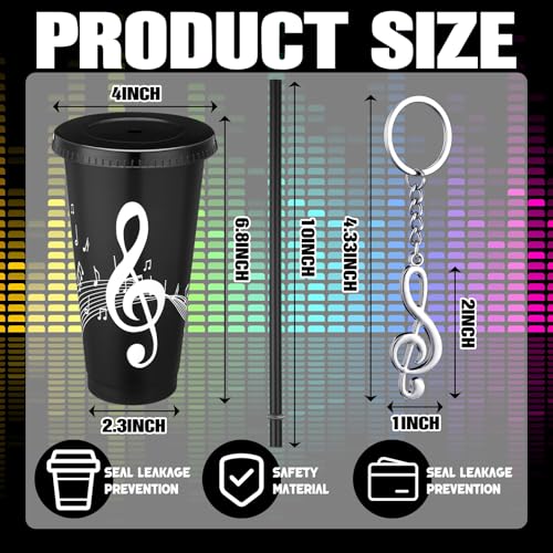 Skylety 24 Sets Music Themed Gifts Musical Tumbler Cups Bulk 24 oz Reusable Musical Note Plastic Tumbler with Straw and Lid Keychain Gifts for Music Lover Party Favor Black Color - Image 3