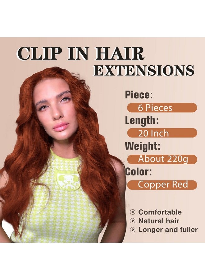 NAYOO Ayoo Clip In Hair Extensions For Women 20 Inch Long Wavy Curly Copper Red Hair Extension Full Head Synthetic Hair Extension Hairpieces (6Pcs Copper Red) - Image 3