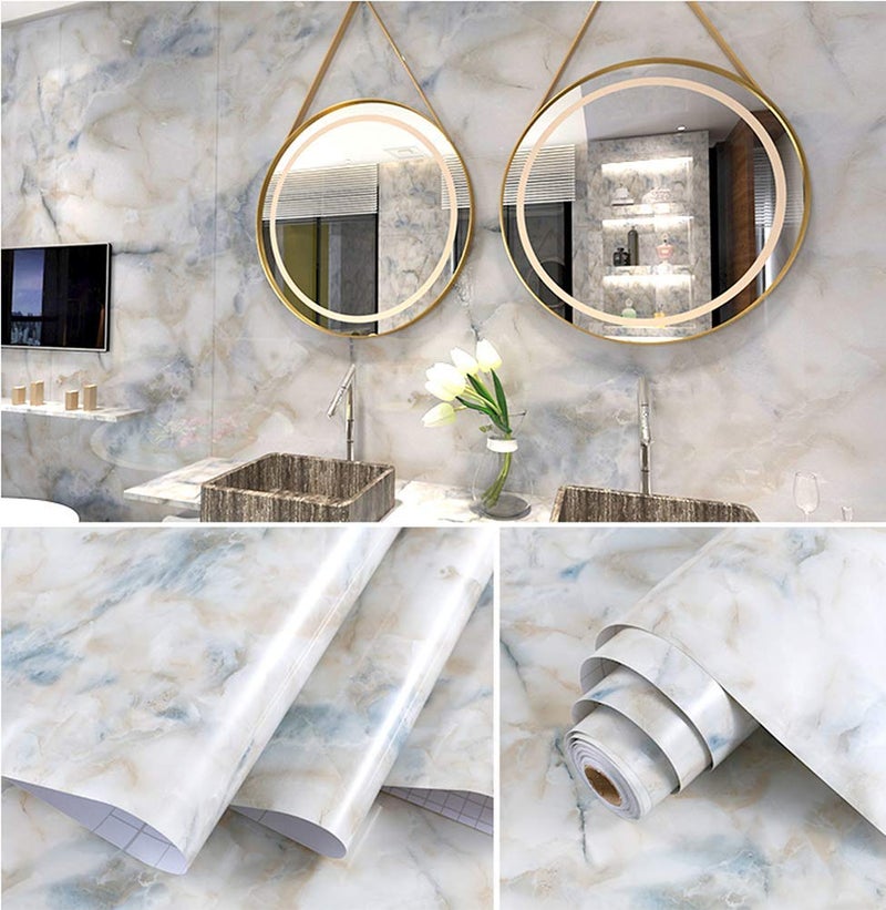 Mullsan 15.7''x118'' Sea Sand Blue Stone Marble Look Paper Granite Wallpaper Peel and Stick for Countertop Cabinet Furniture Renovated Thick Waterproof PVC - Image 2