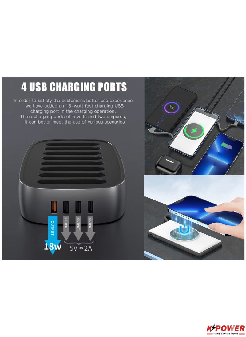 KPOWER - 8 in 1 Wireless Power Bank Station 10000mAh with Built-in Cable, Power Delivery 20W QC Wireless and 1 Rapid Re-Charging Station with 4 USB Output Color: Black - Image 1