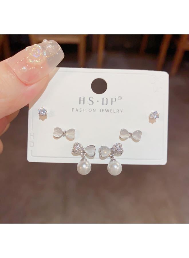S925 Silver Needle Micro Inlaid Zircon Short Earrings Short Hair Earrings And Korean Elegant All-match Simple Three-piece Set Earrings For Women 