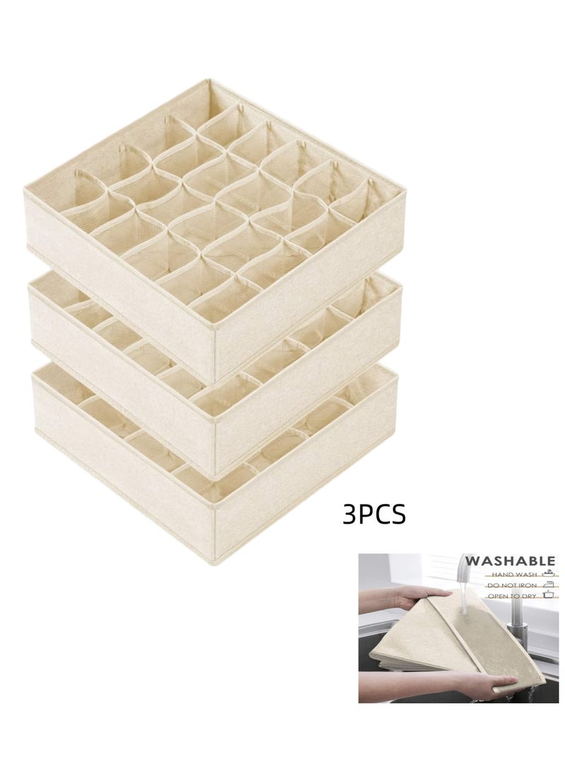 SKT Shiketro 3 Pack Wardrobe Organiser Drawer Organiser, 72 Cell Fabric Foldable Cabinet Dresser Closet Organizers and Storage Boxes for Organizing Socks, Underwear, Ties Belts (24+24+24 Cell Underwear Organizer, Beige) - Image 1