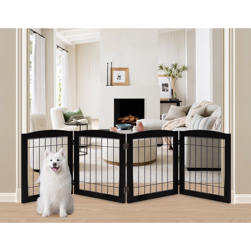 LZRS 4Panel ExtraWide Wooden Freestanding Dog Gate Foldable Solid Wood and Steel Wire Chew Resistant Safety Barrier for Doorways Stairs and Large Open Spaces Indoor Use Black